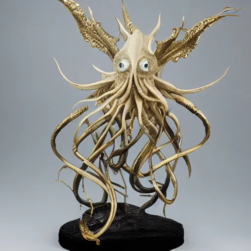 Image similar to angelarium, illithid, cthulhu, white with gold accents, sculpture by ellen jewett, black background