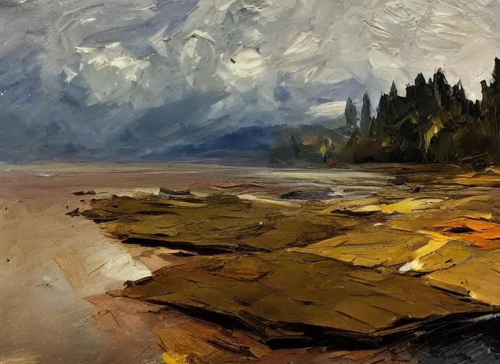 Image similar to palette knife, impasto oil painting of silent calm lake shore by frank auerbach, thick paint brush strokes, art by anders zorn, wonderful masterpiece by greg rutkowski, beautiful cinematic light, american romanticism by greg manchess, creation by tyler edlin