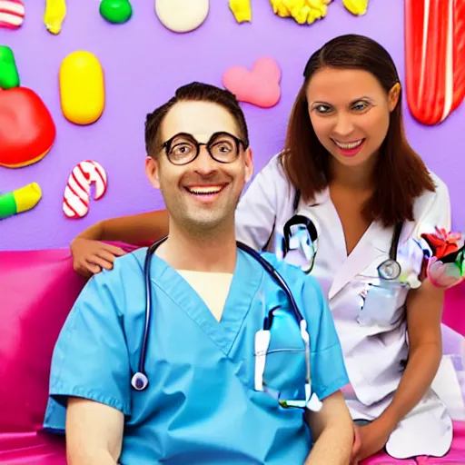 Image similar to photo of a happy patient and doctor or nurse in a hospital room made out of soft candy, candy hospital equipment, candy hospital room, candy treatments, oompa loompa virus, willy wonka pandemic