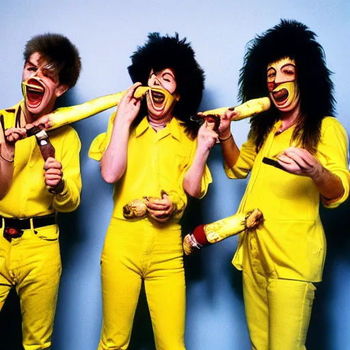 Image similar to 8 0 s punk rock band holding banana microphone, with banana costumed background singers, concert photo, getty images