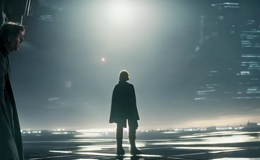 Image similar to iconic wide cinematic screen shot of luke skywalker downtrodden standing with a view of coruscant at sunset, from the thrilling scene from the hbo succession, moody cinematography, foggy volumetric lighting, hyper detailed scene, anamorphic lenses 2 4 mm, lens flare, award winning