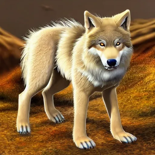 Prompt: professional stylized full - body digital art of a side profile of a tan tibetan wolf, cream and brown fur, fluffy, falling leaves, hd, 8 k, highly detailed, high quality, cute