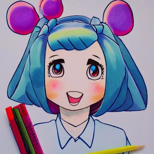 Prompt: a perfect professional sketch of a funny and cute Japanese schoolgirl, by ink pen with a few colored pens, in style of Disney Pixar, CalArts, on high quality paper