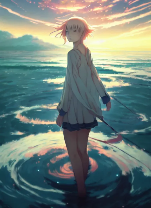 Image similar to anime girl walking on water, ripples, backdrop of dawn, saturn in the background, illustration, concept art, anime, key visual, trending pixiv fanbox by wlop and greg rutkowski and makoto shinkai and studio ghibli