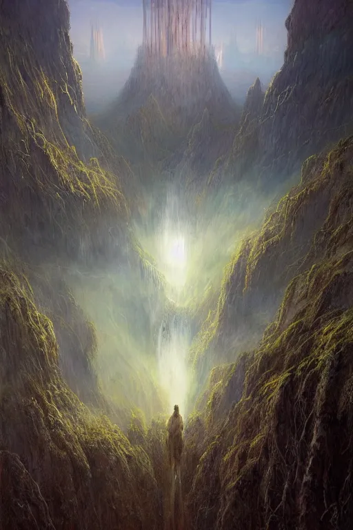 Prompt: amazing concept painting, by Jessica Rossier and HR giger and Beksinski, Rivendell, terraces, hallucination, garden of eden