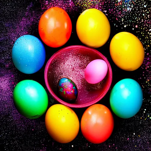 Image similar to high - speed photography of rainbow eggs being thrown together, black background