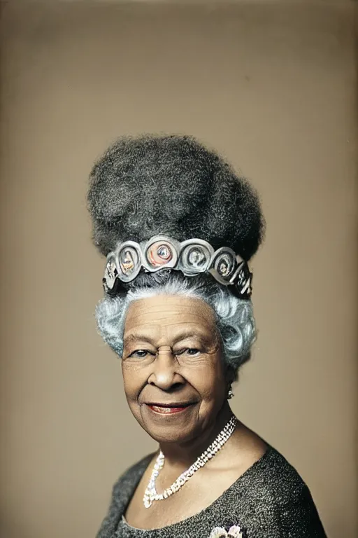 Image similar to a colour photograph of an elderly black lady with grey curly hair, wearing a crown and clothing of Queen Elizabeth the second, 50mm lens, portrait photography, taken by Robert Capa, studio lighting