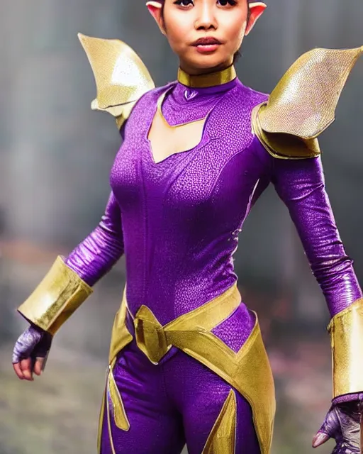 Image similar to a beautiful indonesian woman with a pixie like hairdo and elf ears wears a purple futuristic armored superhero costume, photorealistic
