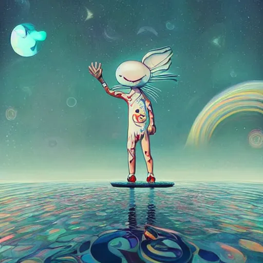 Image similar to a man walking on water under the stars by takashi murakami, beeple and james jean, aya takano color style, 4 k, super detailed