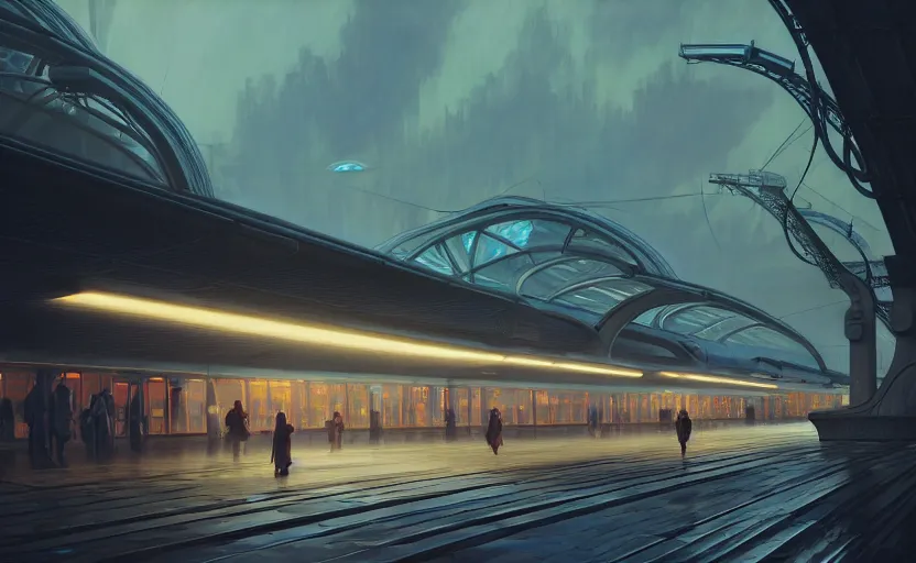 Image similar to exterior shot of utopian train station with cinematic lighting by zaha hadid and renzo piano, darek zabrocki and greg ruthkowski, alphonse mucha, simon stalenhag, cinematic, holy place, paradise, scifi, futurism, atmospheric, dusk, concept art, artstation, trending on artstation