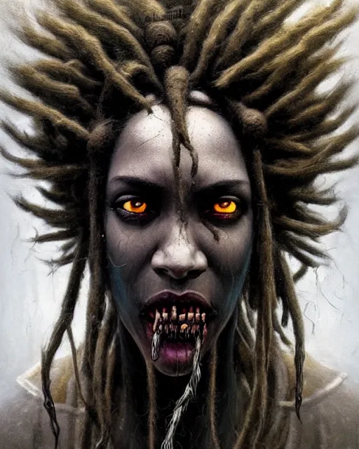 Prompt: sojourn from overwatch, dreadlocks, white hair, african canadian, character portrait, portrait, close up, concept art, intricate details, highly detailed, horror poster, horror, vintage horror art, realistic, terrifying, in the style of michael whelan, beksinski, and gustave dore