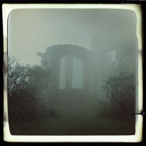 Image similar to you are lost in an old abandoned castle, hard to breathe, polaroid, laminal space, foggy