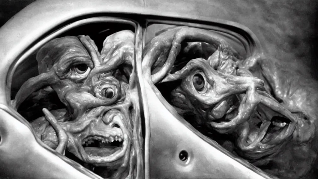 Prompt: the creature sits in a car, made of wax and oil, film still from the movie directed by David Cronenberg with art direction by Salvador Dalí, wide lens