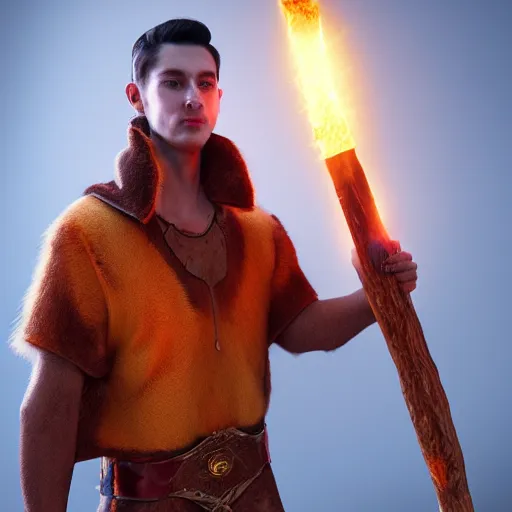 Prompt: Sven Botman wearing an animal hide tunic holding a glowing fire magical staff. Trending on Artstation, octane render, ultra detailed, art by Ross tran