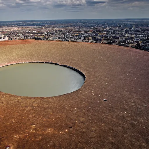Image similar to a large nuclear crater in london, realistic, taken on drone camera.