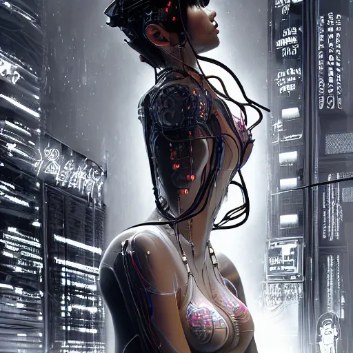 Image similar to the portrait of an absurdly beautiful, graceful, sophisticated, fashionable cyberpunk gynoid gravure idol, an ultrafine hyperdetailed illustration by kim jung gi, irakli nadar, intricate linework, neon wiring, porcelain skin, unreal engine 5 highly rendered, global illumination, radiant light, detailed and intricate environment