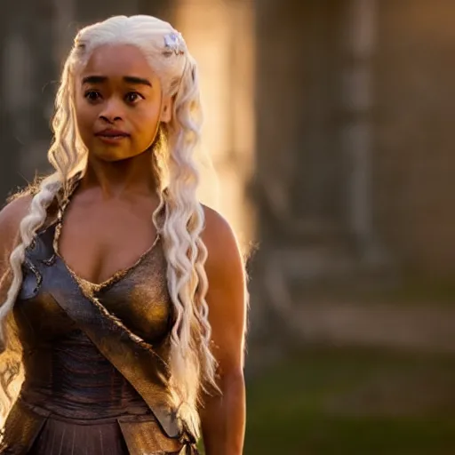 Prompt: tatyana ali as daenerys targaryen golden hour cinematic