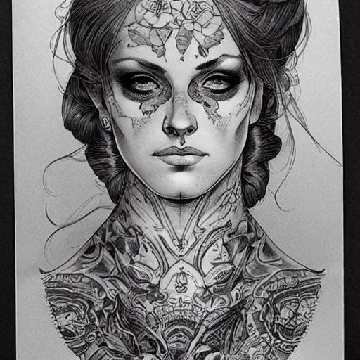 Image similar to a beautiful portrait of a heavily tattooed victorian woman Travis Charest style