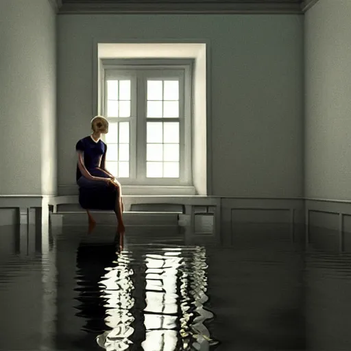 Prompt: octane render of Elle Fanning in a flooded house interior, by Edward Hopper and Andrew Wyeth, extremely detailed masterpiece