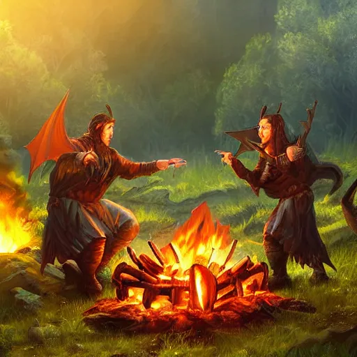 Image similar to dragons roasting kebabs near campfire, fire, magic, power metal album cover, fantasy epic legends game icon stylized digital illustration radiating a glowing aura global illumination ray tracing hdr fanart arstation by ian pesty and katarzyna da „ bek - chmiel