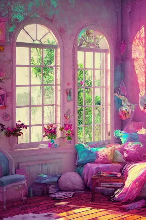 Image similar to hq sharp photo realistic shabby chic room with windows colorful atmospheric, lisa frank, greg rutkowski, artstation behance