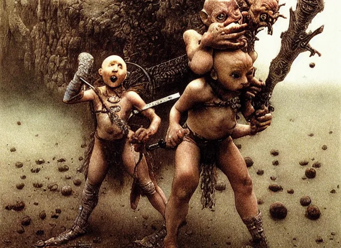 Image similar to bald barbarian girl fighting small cute goblins by Beksinski and Luis Royo