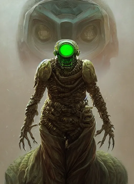 Image similar to horror machine glowing mf doom reptile eyes, broken armor, elegant, highly detailed, centered, digital painting, artstation, concept art, smooth, sharp focus, illustration, artgerm, tomasz alen kopera, peter mohrbacher, donato giancola, joseph christian leyendecker, wlop, frank frazetta