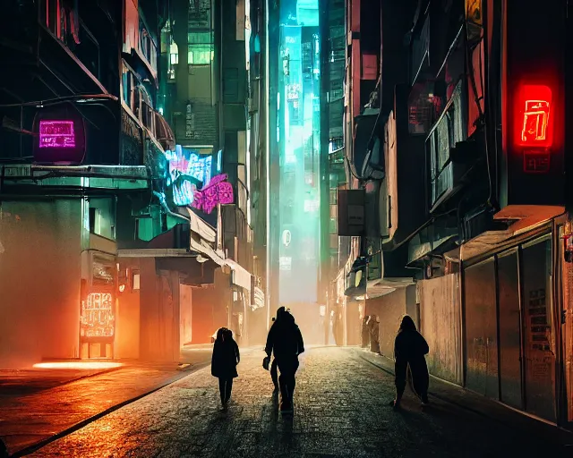 Image similar to people walking down a cyberpunk street at night