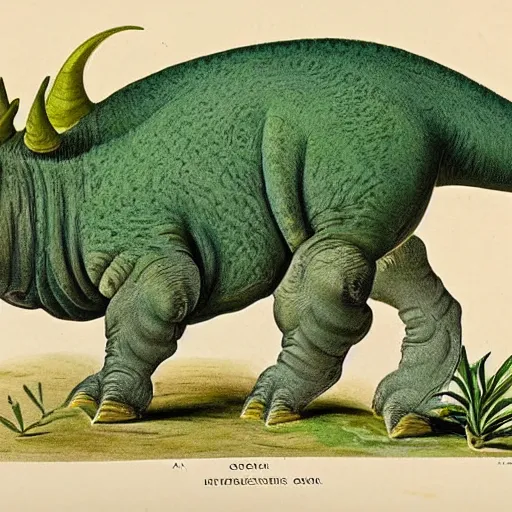 Prompt: a natural history illustration of a green triceratops by john gould and elizabeth gould, biodiversity heritage library, biodivlibrary a sense wonder