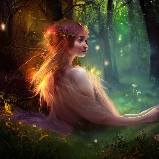 Image similar to a gorgeous photography of the face of a magical fairy in the night in a forest, 4k, detailed, trending on artstation