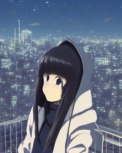 Image similar to anime visual, portrait of a young black haired girl wearing hoodie sightseeing above the city, guardrail, cute face by yoh yoshinari, katsura masakazu, dramatic lighting, dynamic pose, dynamic perspective, strong silhouette, ilya kuvshinov, anime cels, rounded eyes, moody