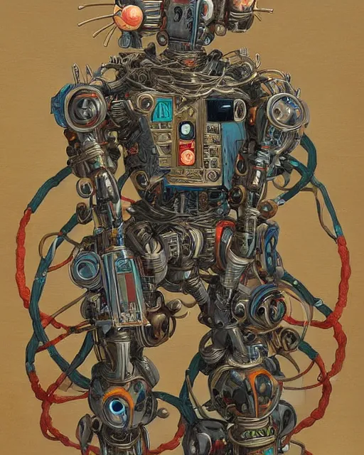 Image similar to Kuniyoshi portrait of a robot saint made of cables and robotic pod in the style of peter mohrbacher