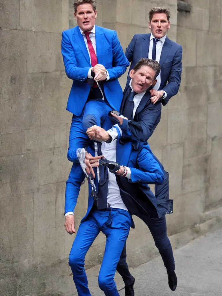 Image similar to Sir Kier Starmer wearing a blue suit piggy back on the street people are scared