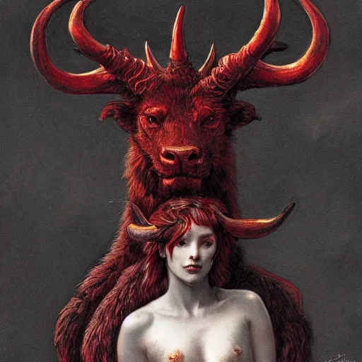 Image similar to a photographic portrait of a scarlet - colored beast with seven ( 7 ) heads and ten ( 1 0 ) horns by gustave dore and stephen hickman and allen williams, trending on artstation, cgsociety, 4 k hd, earthtone colors, a woman riding the back of the beast