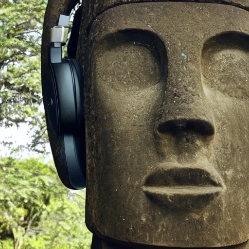 Image similar to a high detail photo of a moai wearing headphones