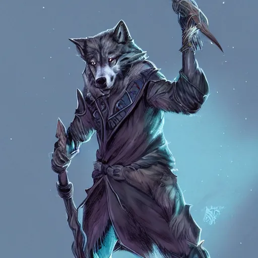 Image similar to wizard is holding a staff as a wolf, dynamic pose, chromatic aberration, medium level shot, fantasy, illustration, concept art,