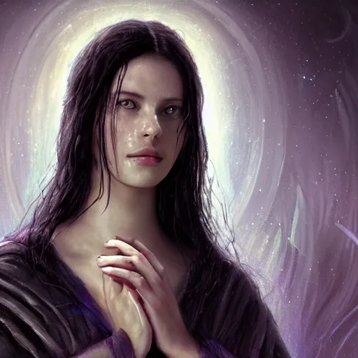 Prompt: Masterpiece! portrait of Arwen, an aesthetic beautiful! realistic black haired priestess, face close up, 30 years old woman, looks like young Liv Tyler, lotr , praying, with tears, soft cinematic light, digital painting by WLOP, atmospheric effects, fireflies, 8K, octane render, artstation, deviantart, closer view, dark purple blue tones