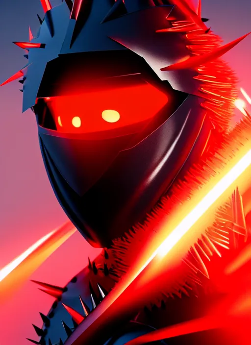 Image similar to a striking cinematic full body manga portrait of a long black haired masked male teenager wearing imposing red jagged spiked plate armour and glowing with raging powerful red energy by hirohiko araki and beeple, fine details, digital art, character concept art, volumetric lighting, cinematic light, photorealistic