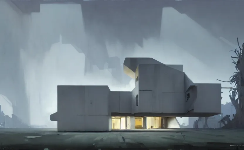 Image similar to painting of a wide angle exterior shot of a white brutalist architecture house with cinematic lighting by zaha hadid and peterzumthor, darek zabrocki and greg ruthkowski, alphonse mucha, simon stalenhag and cinematic and blue cold atmospheric, archillect concept art, artstation, trending on artstation