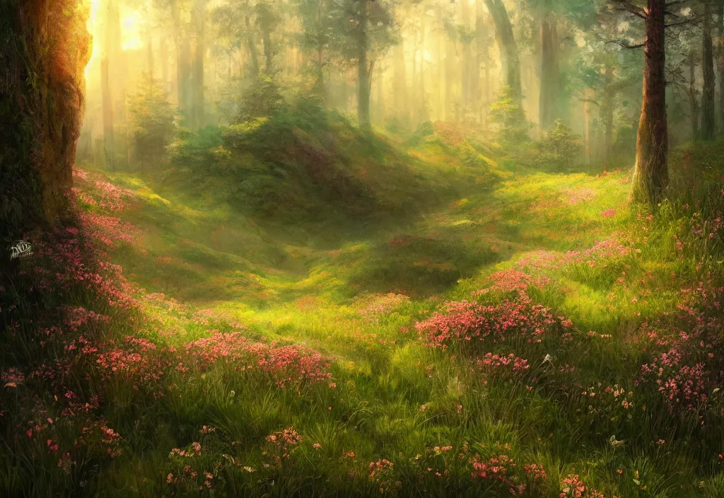 Image similar to a flowering meadow a forest behind it, epic fantasy, detailed, intricate, digital painting, concept art, realistic, smooth, focus, rim light