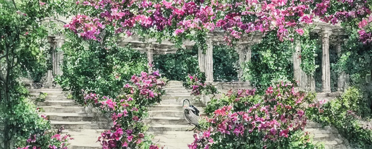 Image similar to isomeric view, railing, stairway, chairs, delicate water in a botanic garden, garden road, sparrows, temple in a botanical herbarium paper, watercolor colored painting, iridescent colors, 8 k, realistic shaded, fine details, artstation, italian style, colonnade, huge flowers, architecture