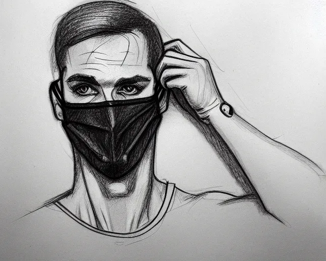 Image similar to draft drawing of a european man covering face with mask, draft sketch, thin stroke, trending on artstation, context art, pencil sketch, high detail