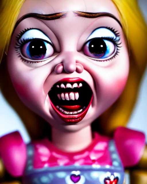 Image similar to closeup profile portrait of a tin toy ivanka trump screaming as a fairytale princess chucky doll wearing a crown and eating cakes, bikini, hyper realistic, artstation, illustration, nicoletta ceccoli, mark ryden, lostfish, max fleischer, digital paint, matte paint, vivid colors, bright, cheerful, detailed and intricate environment