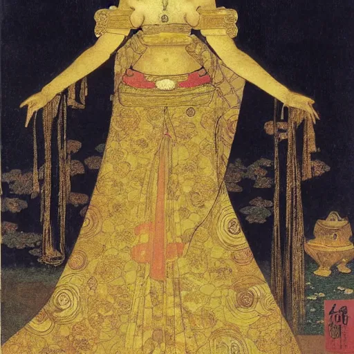 Image similar to a queen in a gold dress, ancient, japanese art, oil painting, otomo, amano, bouguereau, gustave moreau