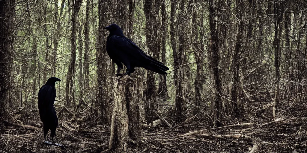 Image similar to mixture between a human and! crow, photograph captured in a forest