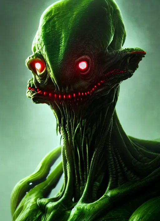 Prompt: portrait of a space dark green alien, varying detailed skin, octane render,