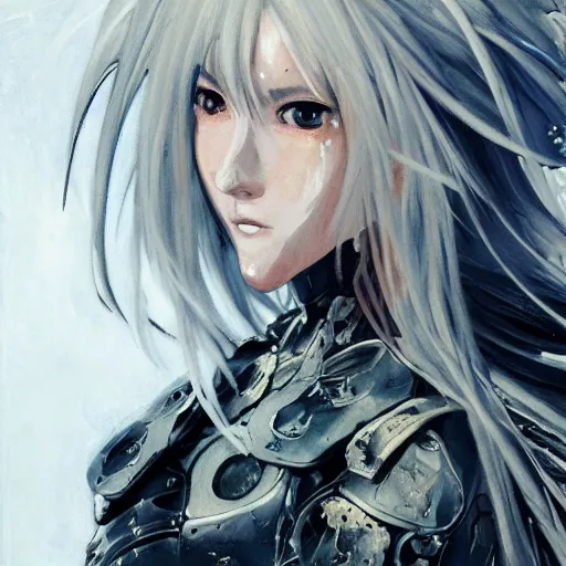 Image similar to Blurred oil portrait with broad brush strokes of an anime girl with a long white hair, black eyes and cracks on her face wearing Elden Ring armour with engraving in the style of Yoji Shinkawa, abstract patterns on the background, expressive brush strokes, hairs fluttering on the wing, noisy film grain effect, highly detailed, Renaissance oil painting, weird portrait angle, blurred lost edges, three quarter view