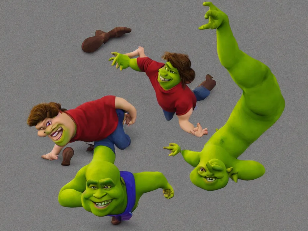 Image similar to shrek breakdancing while lord farquaad is in the back being impressed, High Definition detail, 8K, photography