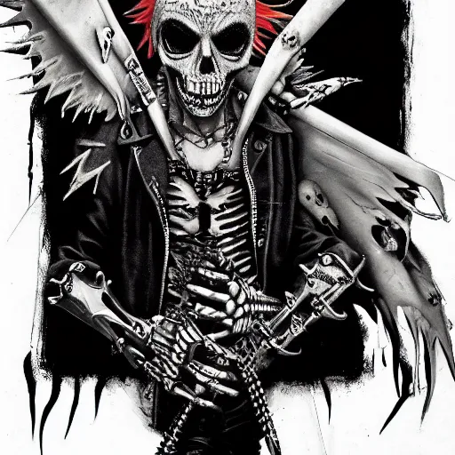 Prompt: a portrait of the grim reaper as a punk rocker, punk, skeleton face, mohawk, dark, fantasy, leather jackets, spiked collars, spiked wristbands, piercings, boots, electric guitars, motorcycles, ultrafine detailed painting by frank frazetta and vito acconci and virgil finlay and takeshi obata, death note style, detailed painting