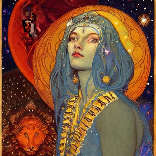 Image similar to queen of the moon with stars in her hair, by nicholas roerich and annie swynnerton and donato giancola and dulac, dramatic lighting, god rays, geometric tattoos, rich colors, smooth sharp focus, extremely detailed, leo and diane dillon, adolf wolfli